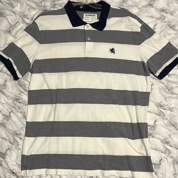 Express Mens Short Sleeve Polo Size Large Grey And White Striped - Picture 1 of 7
